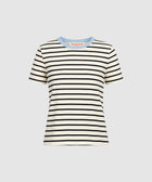 Black and white striped t-shirt with blue collar